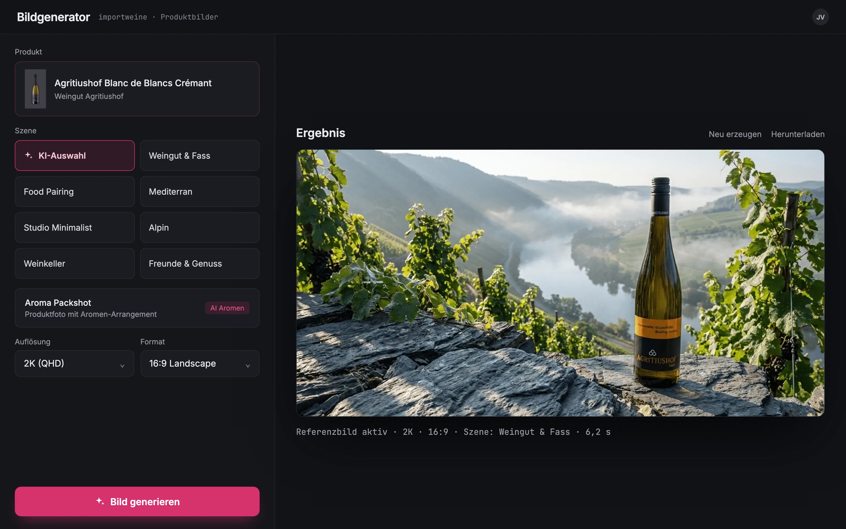 Wein-Bildgenerator: Produktwahl, Szenen-Raster und generiertes Ergebnisbild