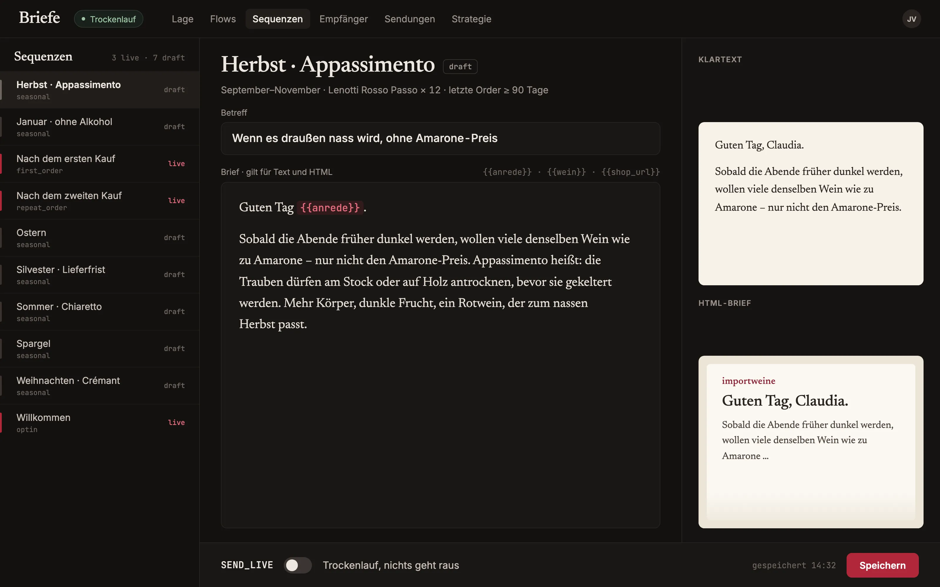 Briefe: Sequenzliste, Editor mit Brieftext und Vorschau, SEND_LIVE-Schalter aus