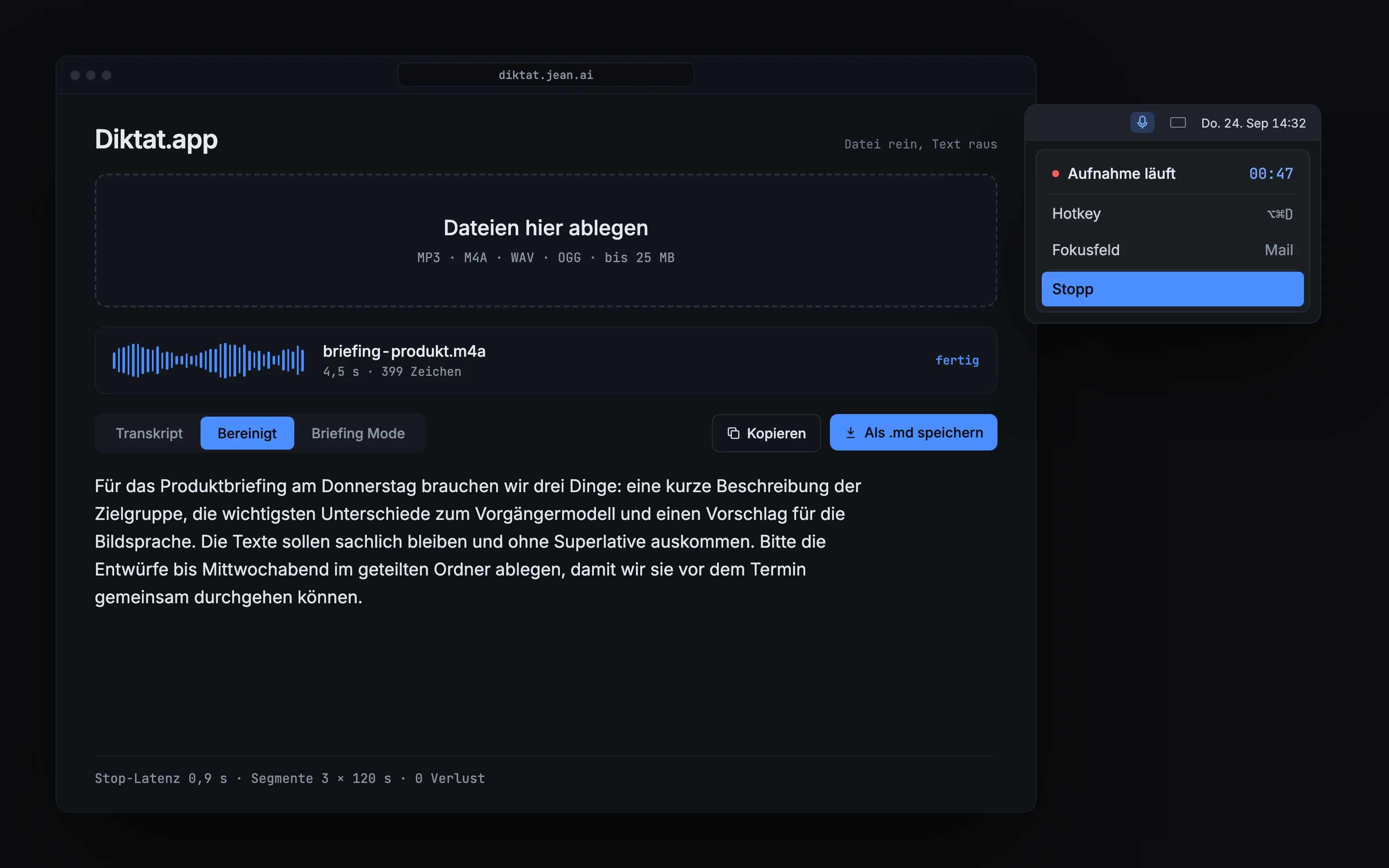Diktat: Web-UI mit Drop-Zone, Dateiliste und bereinigtem Transkript, daneben das Menüleisten-Menü