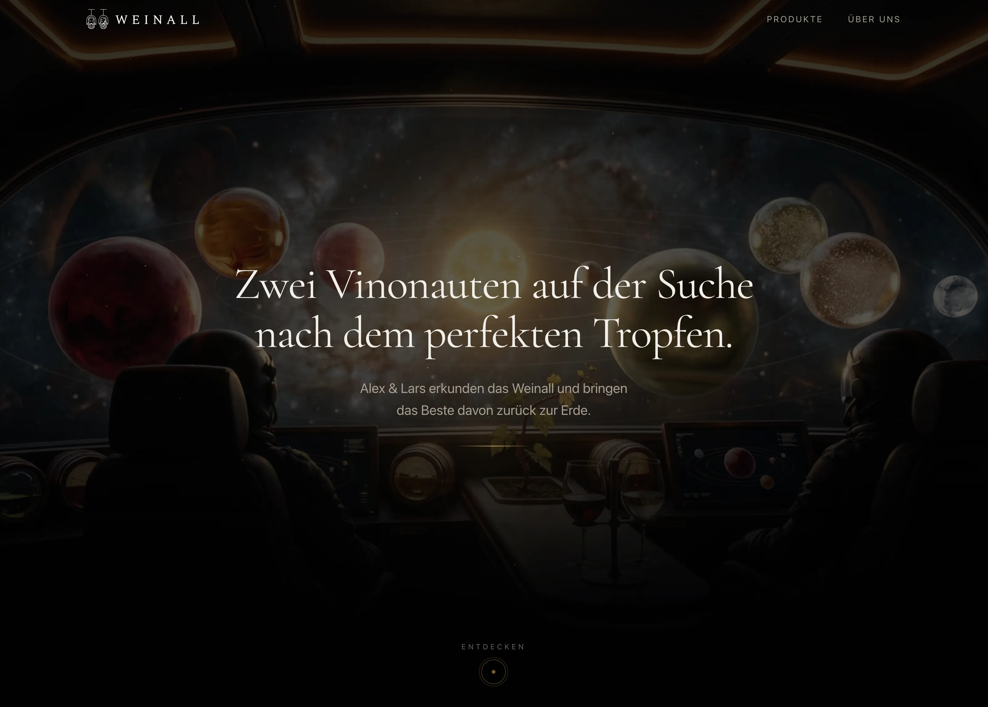 Weinall: Startseite mit den Vinonauten im Cockpit
