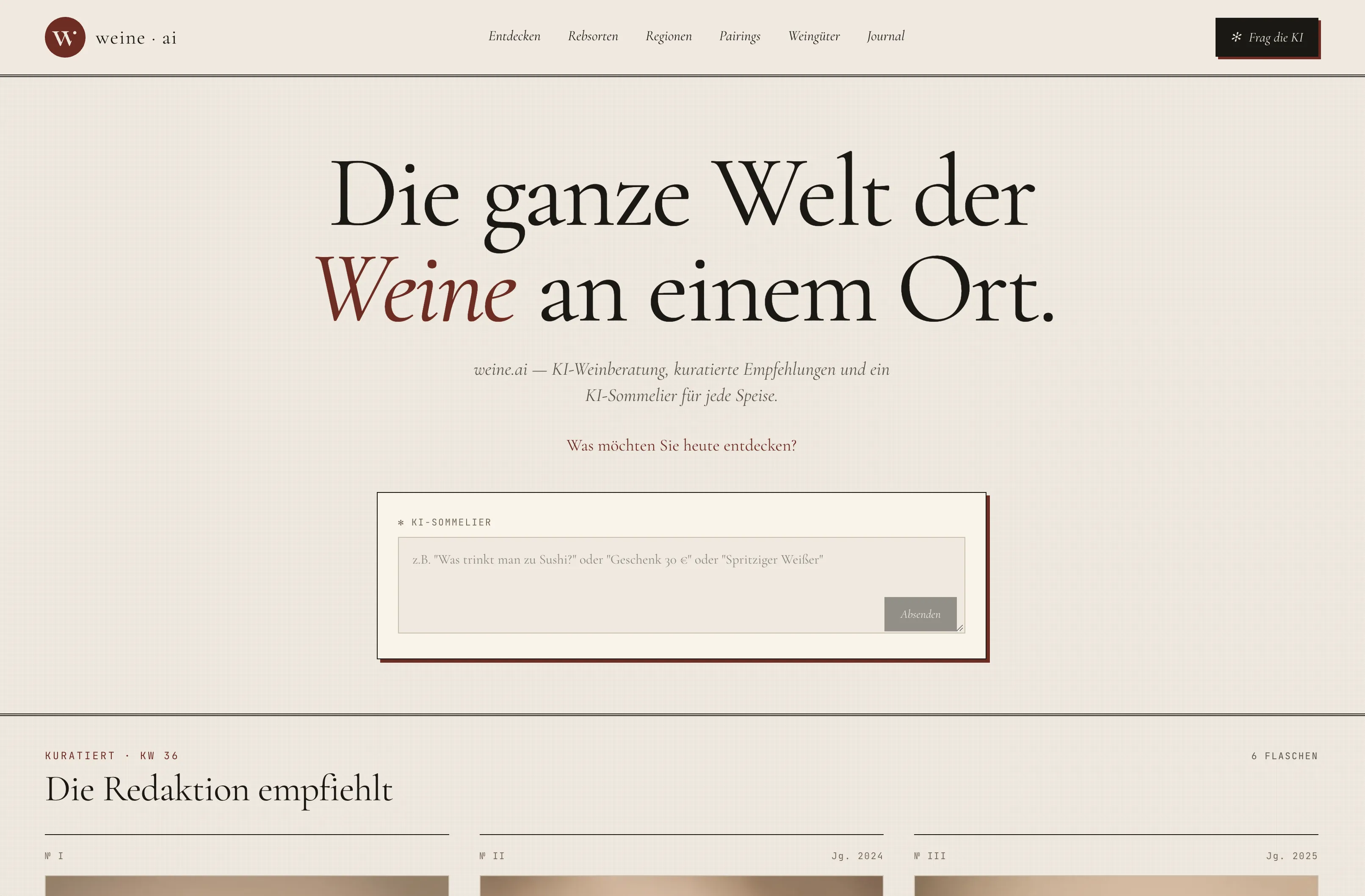 Startseite von weine.ai im Browserfenster